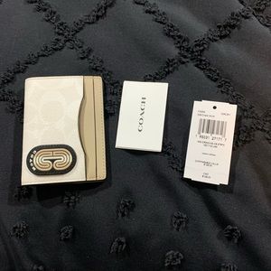 Coach Magnetic Card Case In Colorblock Signature Canvas With Striped Coach Patch